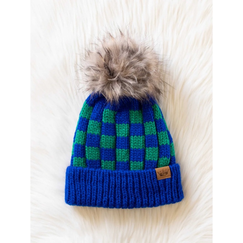 Blue and Green Checkered Pom Hat O/S