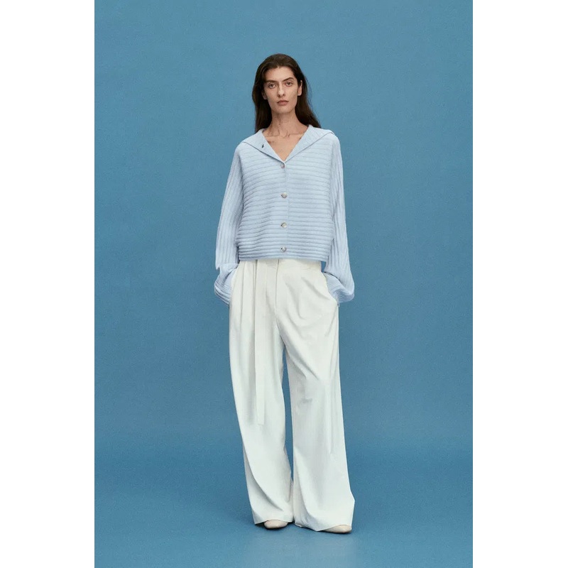 Charlotte Blue Turtleneck Cardigan in Merino Wool-Cashmere Rib Knit XS