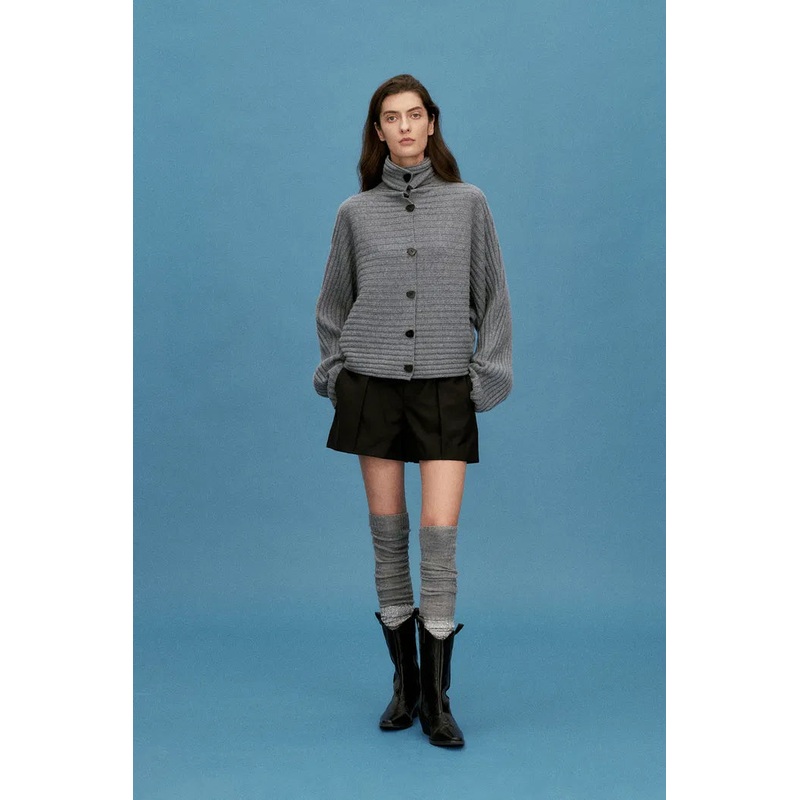 Charlotte Grey Turtleneck Cardigan in Merino Wool-Cashmere Rib Knit XS