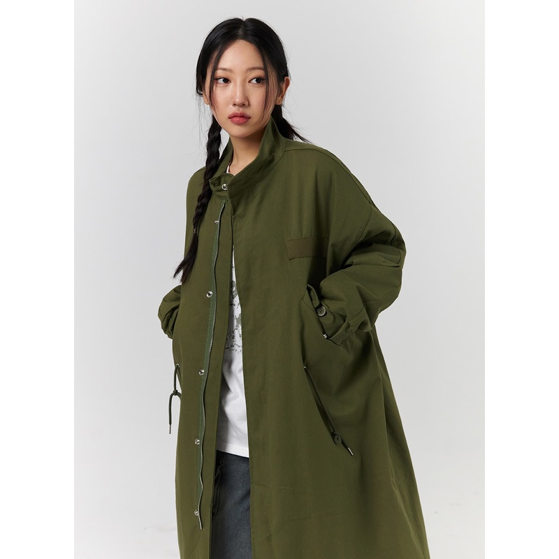 Collar Solid Zipper Drawstring Long Jacket CD328 Dark green S/M