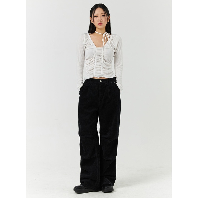 Corduroy Middle Waist Pocket Straight Leg Trousers CD322 Black S
