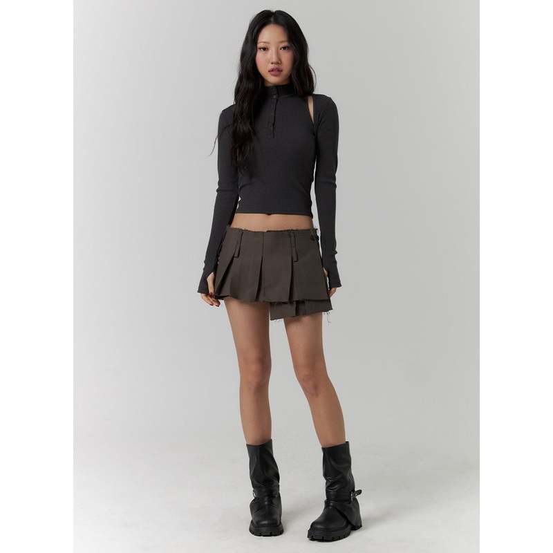 Distressed Pleated Mini Skirt CD318 Dark beige S/M