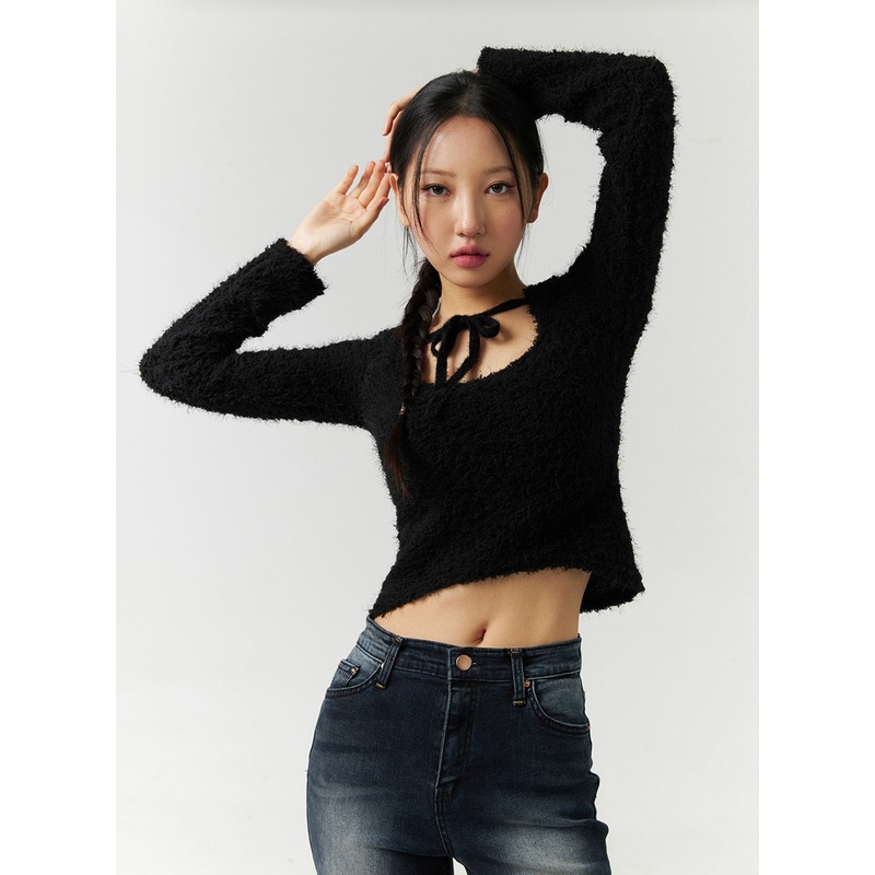 Faux Fur Cropped Sweater with High Collar Ribbon CD301 Black S/M