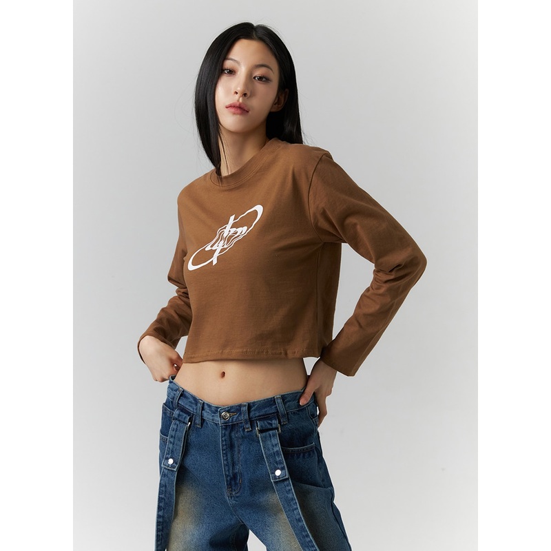 Graphic Long Sleeve Crop Tee ID306 Brown S/M