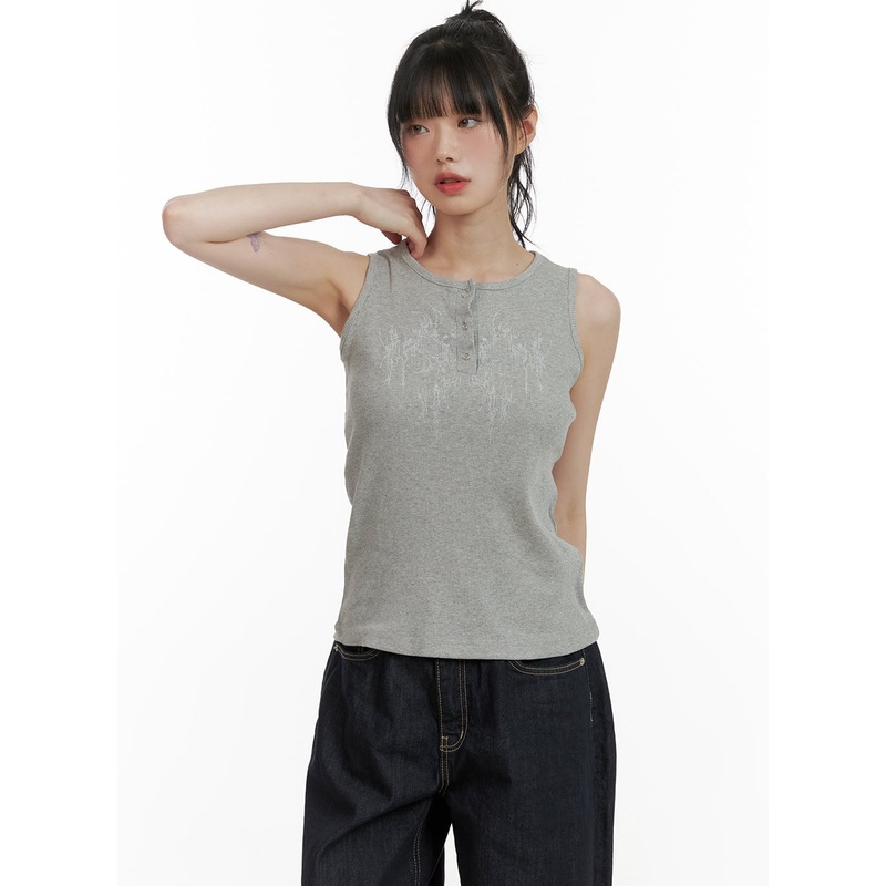 Graphic Mid Buttoned Cotton Tank Top CU410 Gray S/M