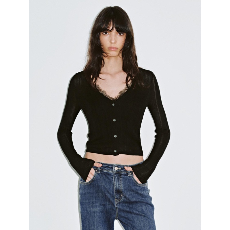 Knitted Long Sleeve T-Shirts Black XS