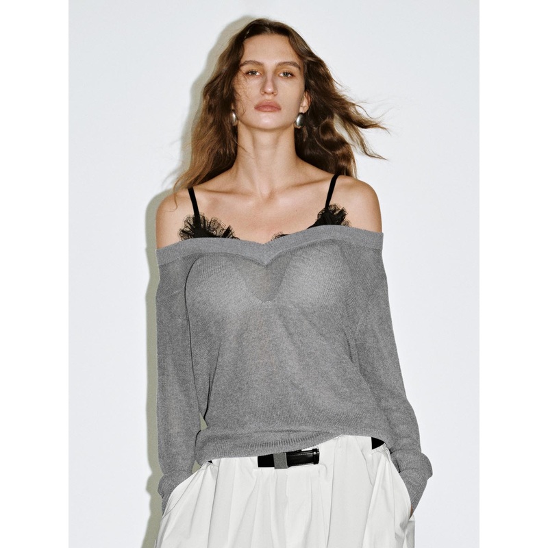 Lace Dcor Knitted T-Shirts Grey XS