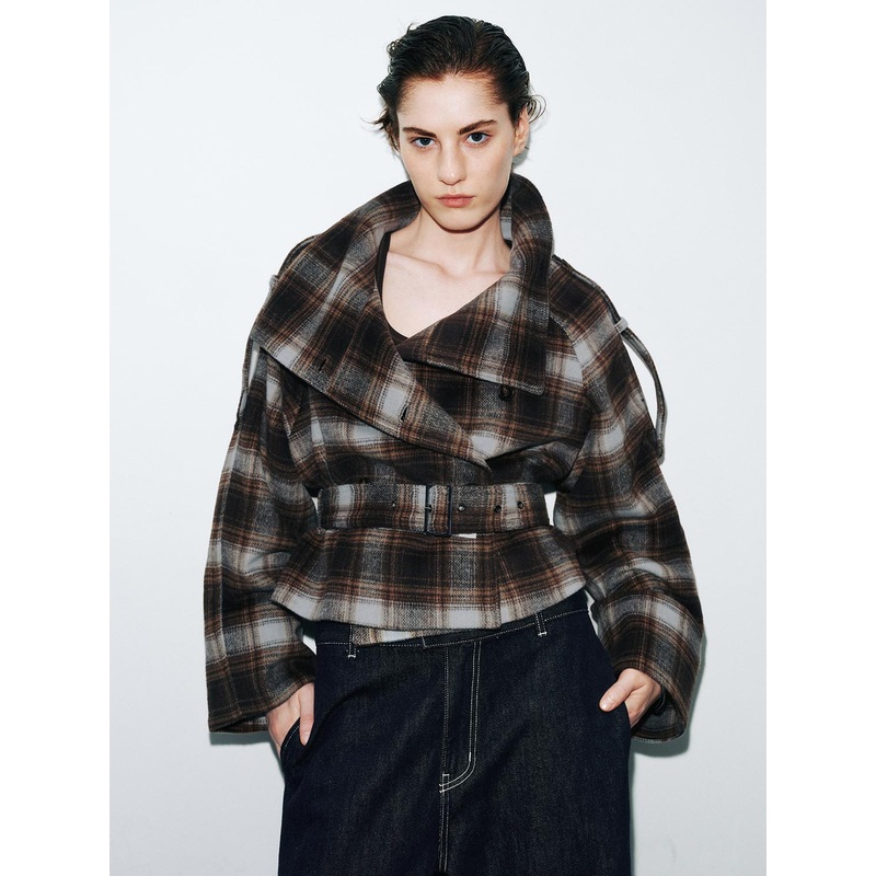 Plaid Wool Blend Jackets Khaki Checkered XS