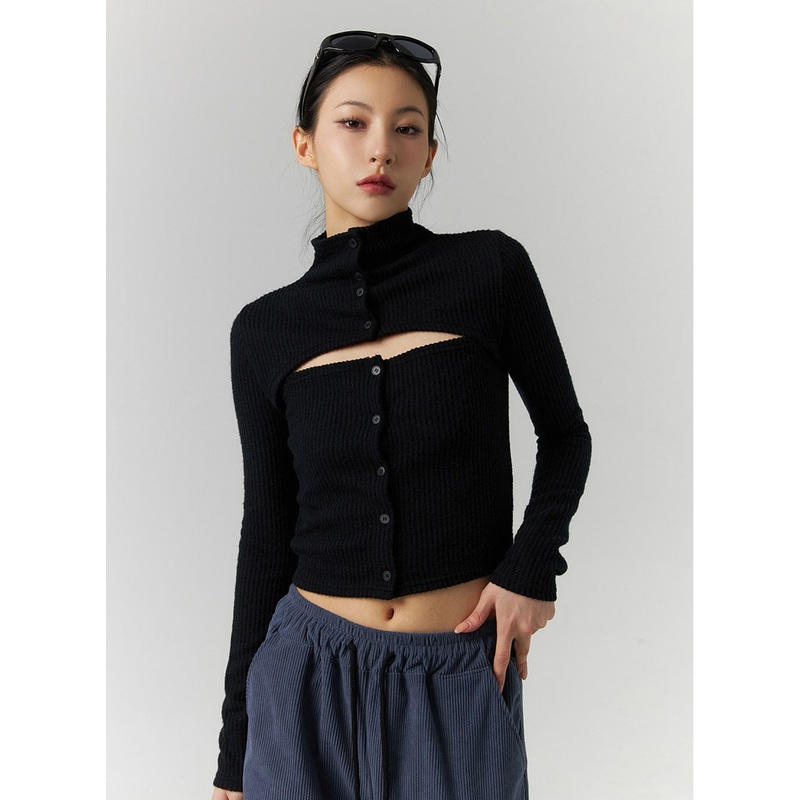 Rib Solid Cut Buttoned Cardigan ID305 Black S/M