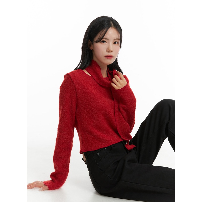 Round Neck Crop Sweater with Scarf OD307 Dark red S/M
