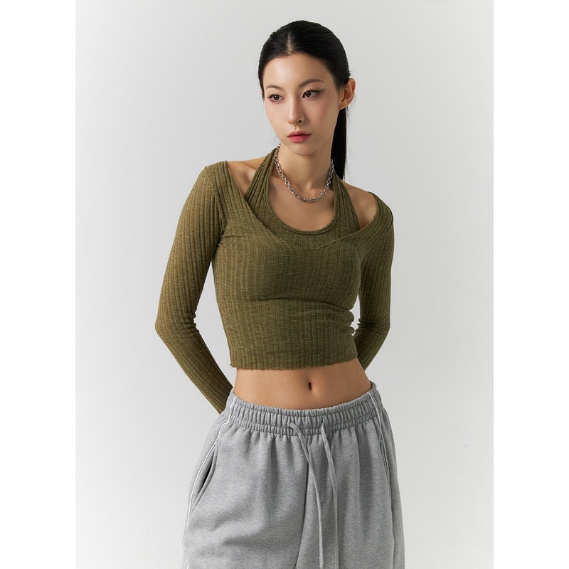 Scoop Neckline Long Sleeve & Tank Top Crop Top ID305 Dark green S/M
