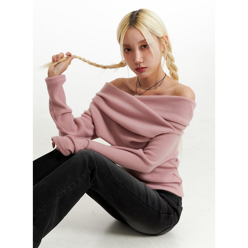 Semi Rib Knit Twist Off-Shoulder Shearling Top ID315 Pink S/M