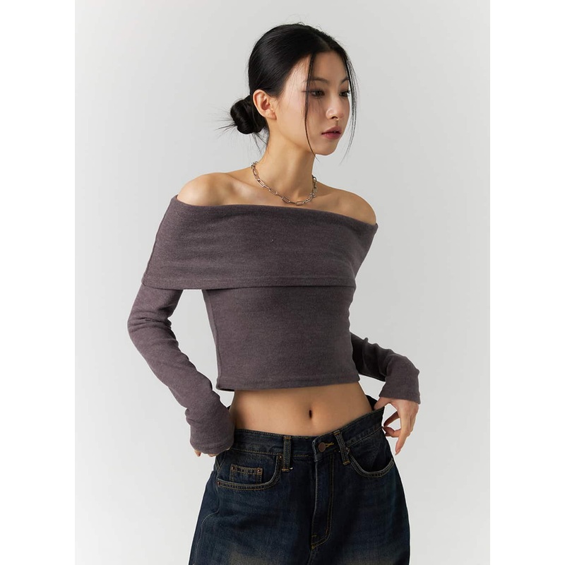 Solid Off-Shoulder Crop Top ID305 Dark brown S/M