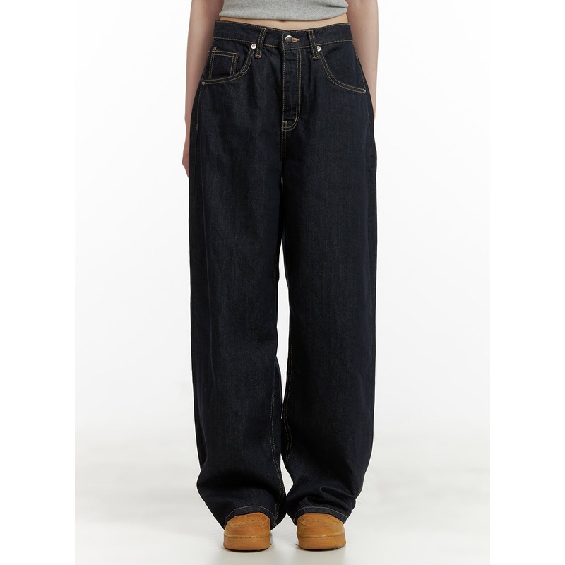 Stitch Detail Baggy Jeans CU410 Dark blue S