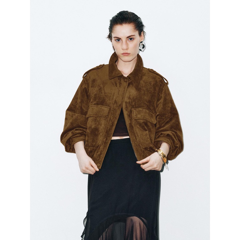 Suede Cropped Jackets Brown XS