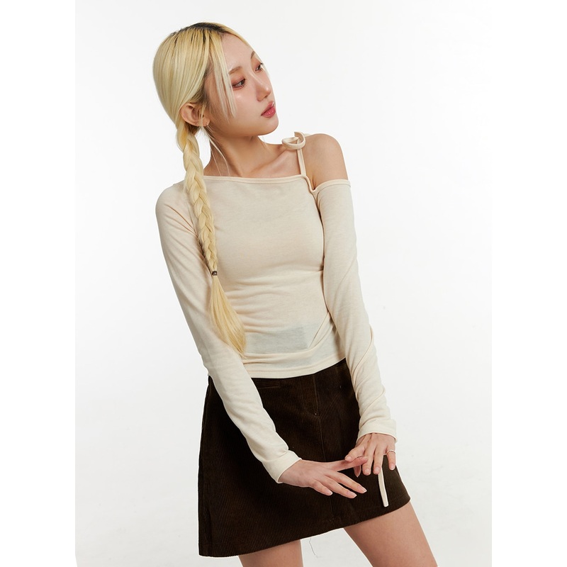 Unbalanced One-Shoulder String Top ID315 Light beige S/M
