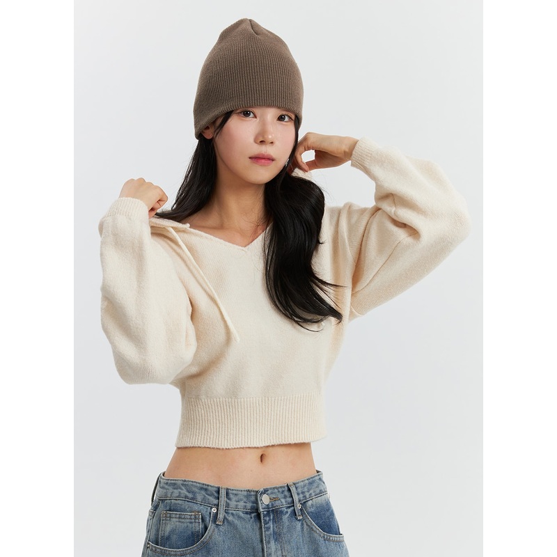 V-Neckline Solid Drawstring Knit Hoodie OD320 Light beige S/M