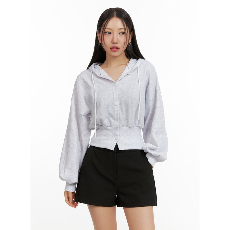 Buttoned Crop Sweat Hoodie OU411 Light gray S/M