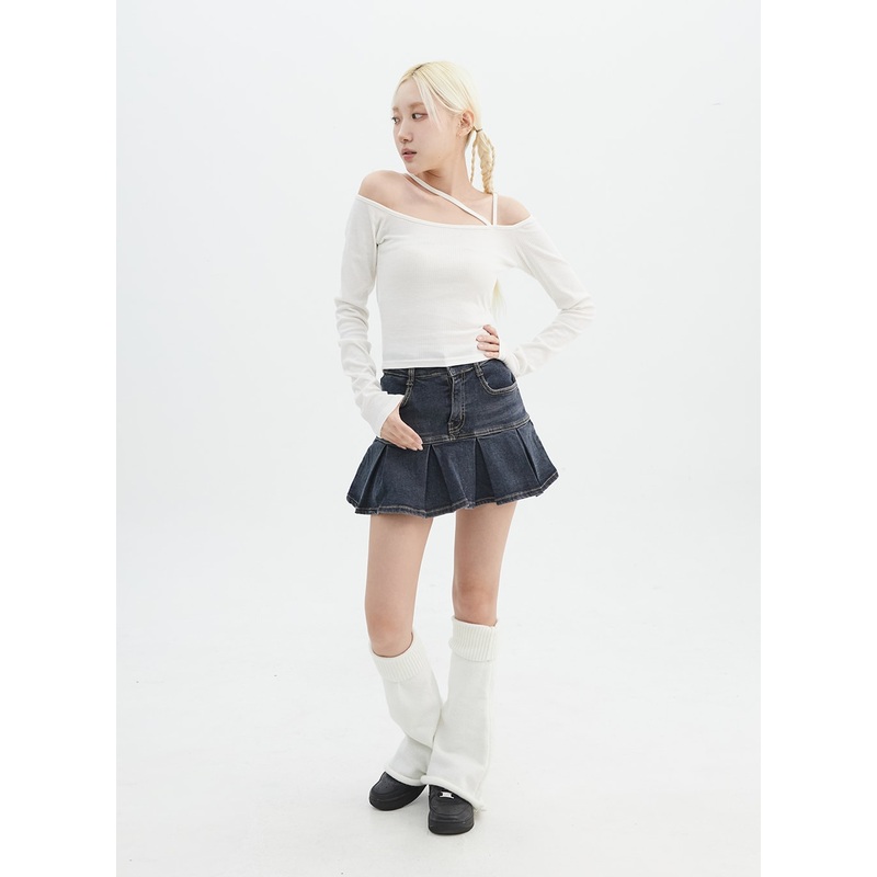 Stitched Denim Pleated Mini Skirt IN327 Dark blue XS