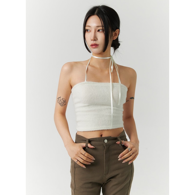 Strap Halter Crop Tank Top CD301 Light beige S/M