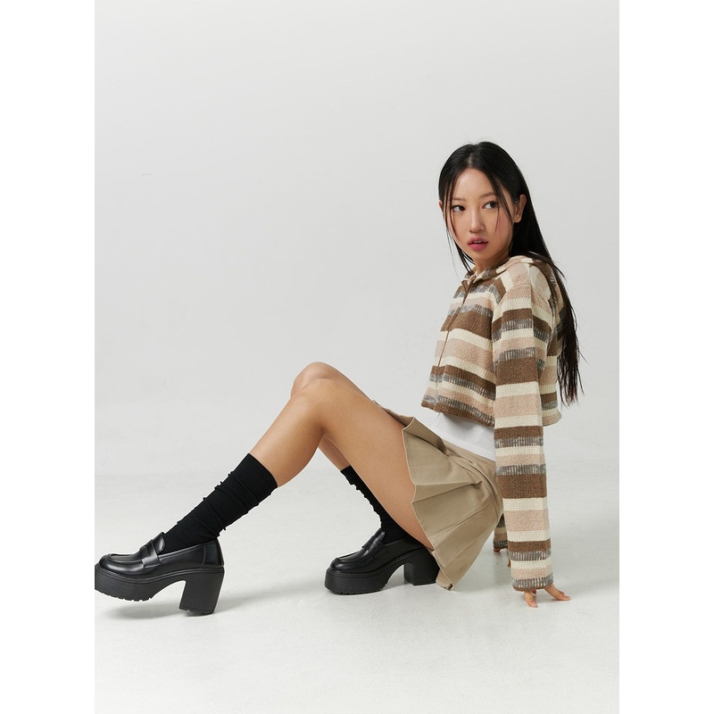 Striped Shirring Hooded Crop Sweater CD301 Brown S/M