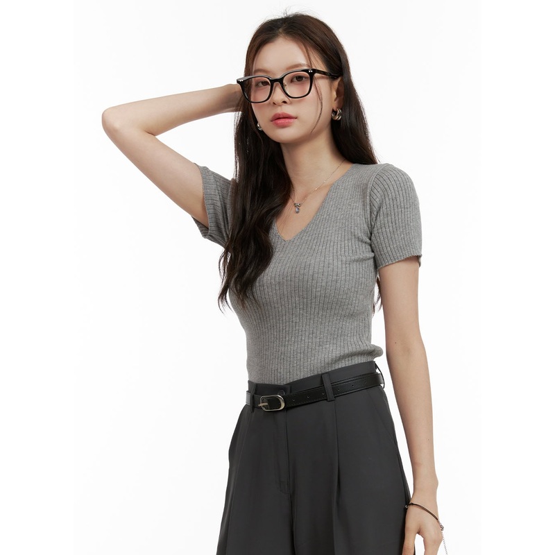 Summer V-Neck Ribbed Knit Top OU411 Gray S/M