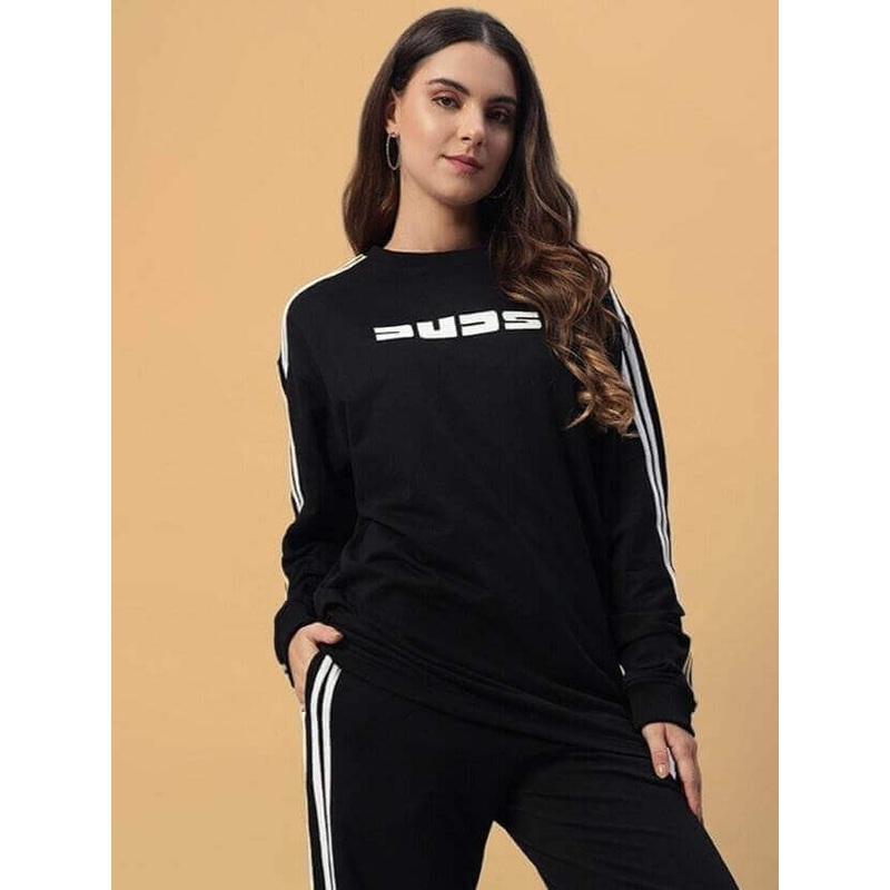 WOMEN PARKA OVERSIZED SWEATSHIRT BLACK WITH WHITE STRIPES XS