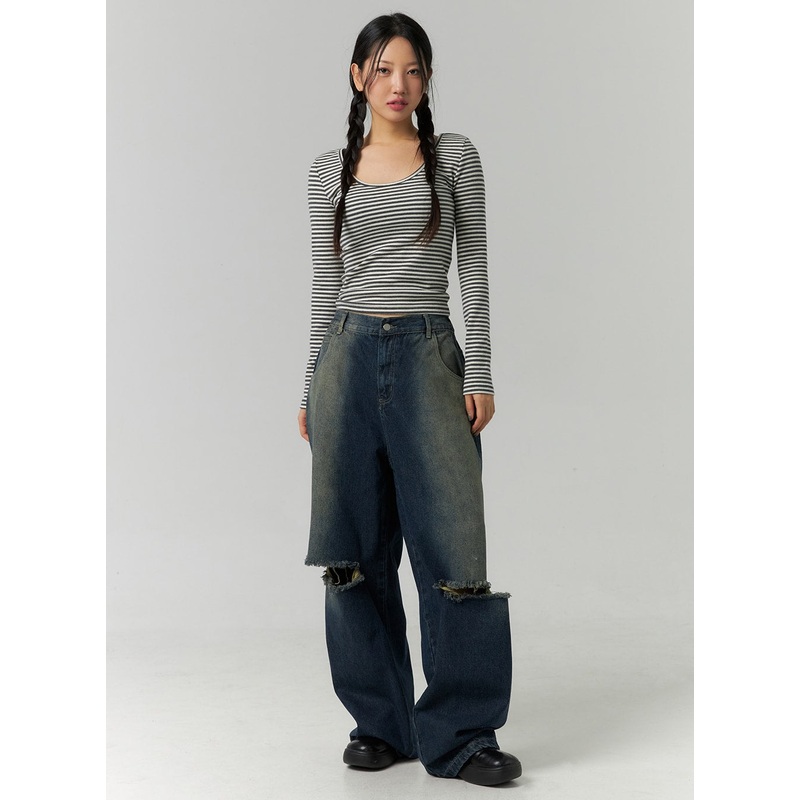 Destroyed Washed Wide Leg Jeans CN324 Dark blue M