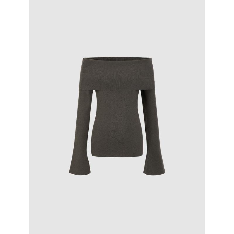 Off Shoulder Knitted T-Shirts Brown XS