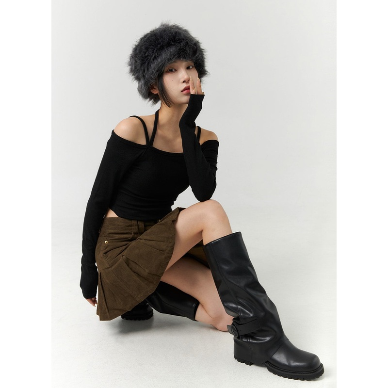 Off-Shoulder Long Sleeve Tee CN321 Black S/M