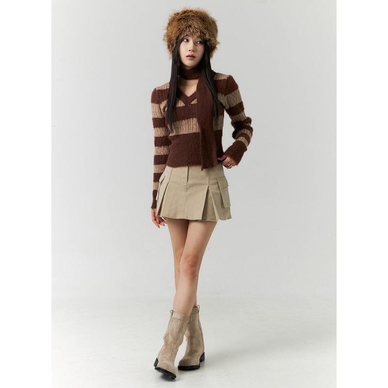 Pocket Pleated Mini Skirt CN317 Beige S