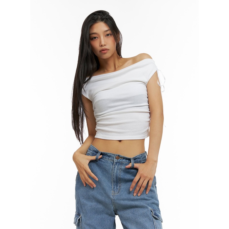 Ribbon Chic Off Shoulder Crop Top IU412 White S/M