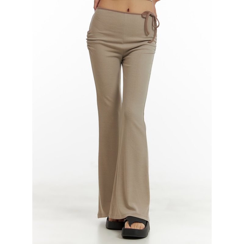 Ribbon Shirred Bootcut Cotton Pants CU414 Beige S/M