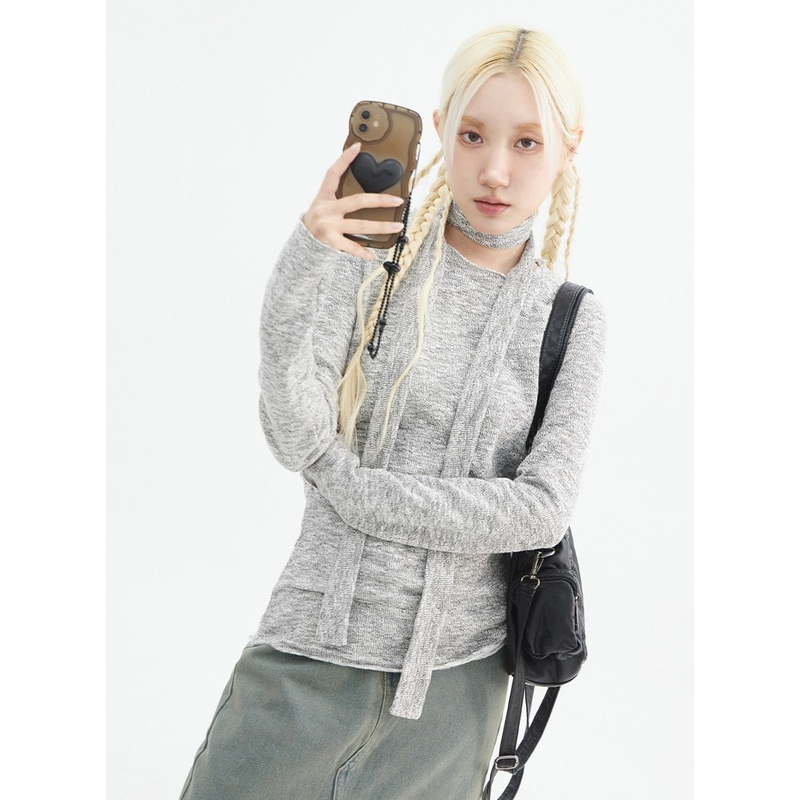 Round Neck Knit Top with Scarf IN327 Light gray S/M