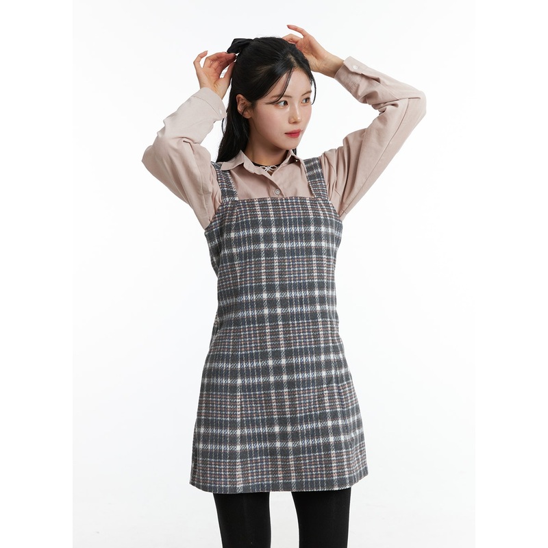 Square Neck Check Mini Dress ON327 Gray S/M