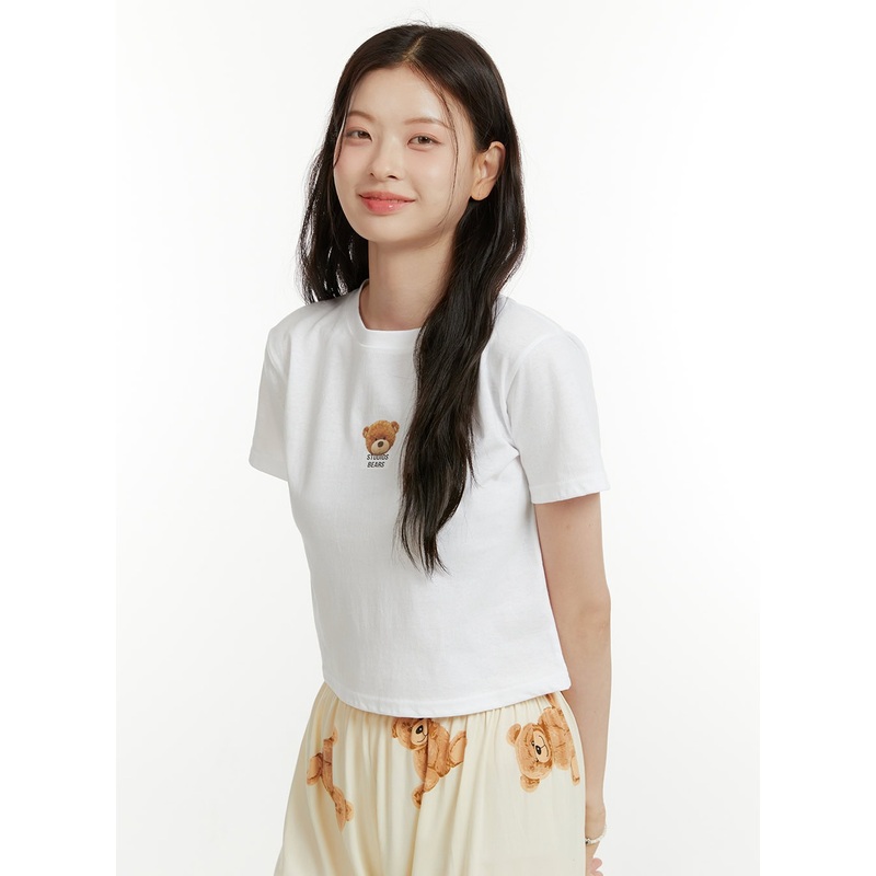 Teddy Print Crop Tee OU414 White S/M