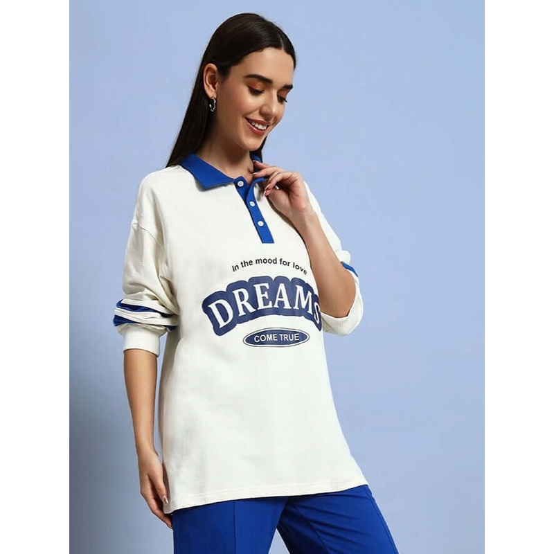 WOMEN DREAMS OVERSIZED SWEATSHIRT OFF WHITE ROYAL BLUE XS