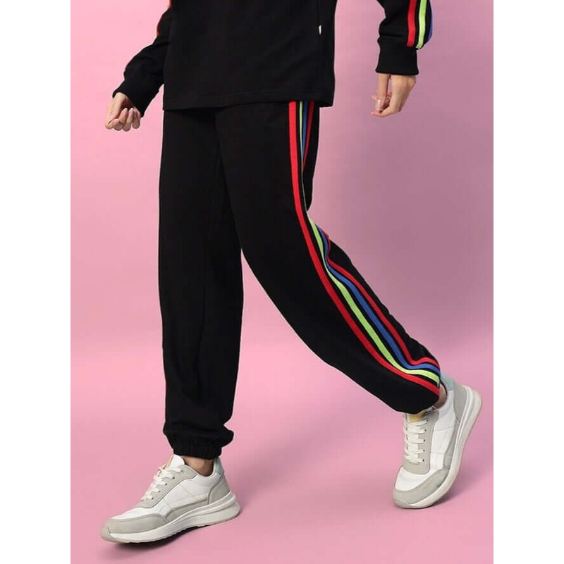WOMEN DUDS RAINBOW COLORFUL STRIPE JOGGERS BLACK XS