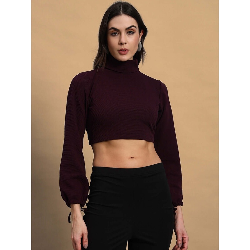 WOMEN MUFFINE RIBBED CROP TOP WINE XS