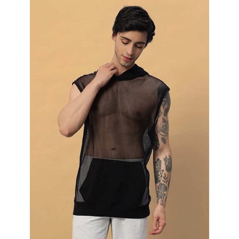 BOOGIE MESH SLEEVELESS HOODIE VEST BLACK XS