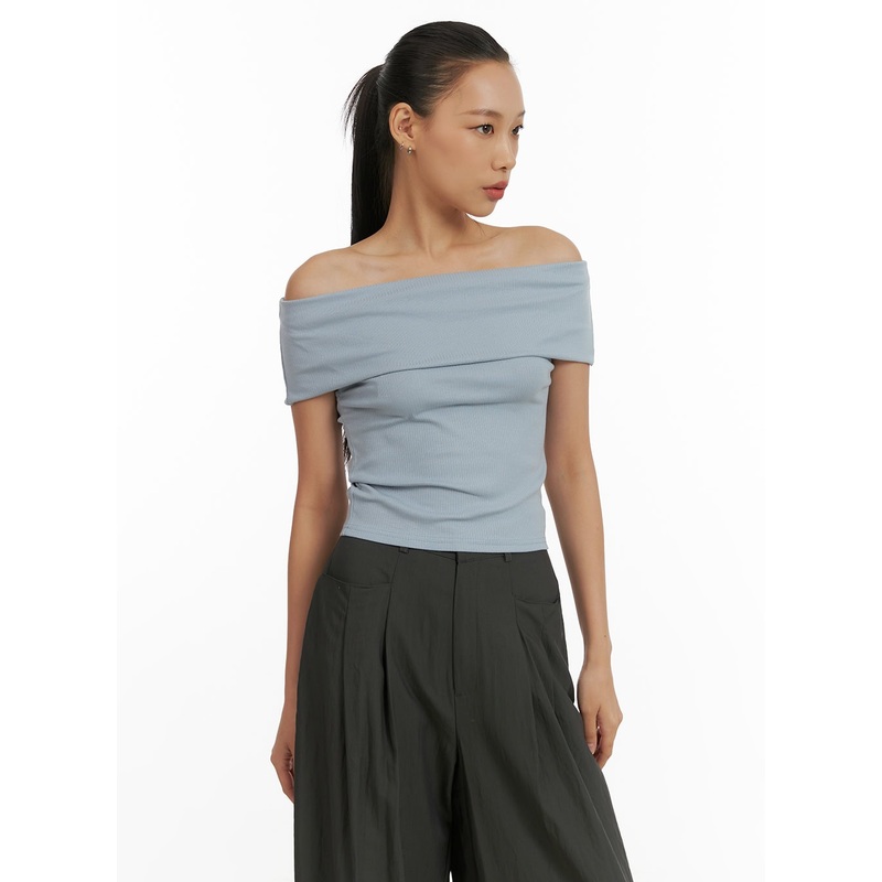 Off-Shoulder Solid Top CU414 Light blue S/M