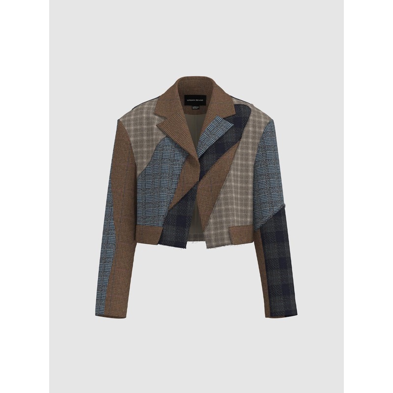 Paneled Wool Blend Jackets Brown Checkered XS