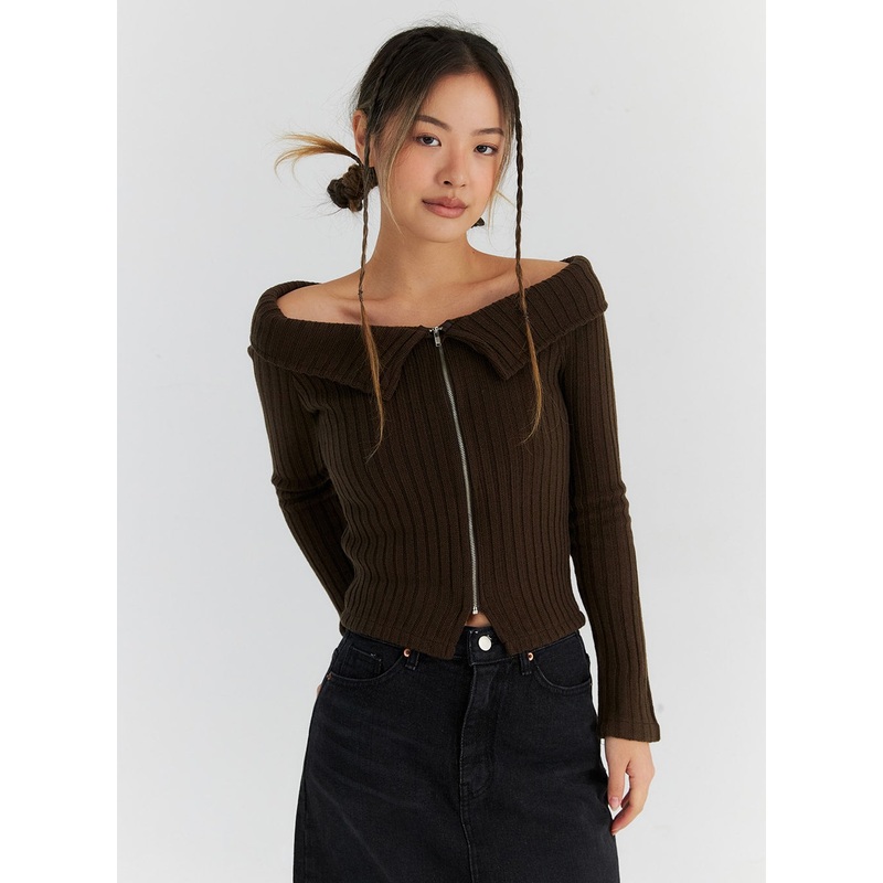 Ripped Off-Shoulder Zip-Up Sweater CN310 Dark brown S/M