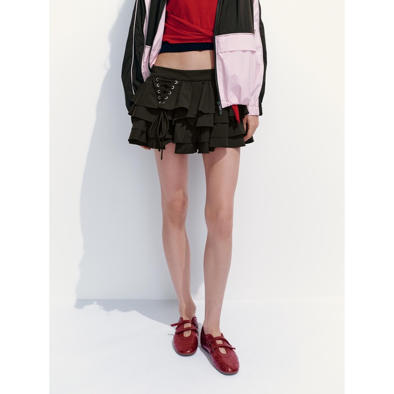 Tiered A-Line Mini Skirts Dark Brown XXS