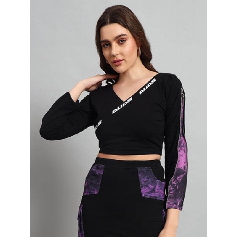 WOMEN DIANA TIE-DYE CROP TOP BLACK PURPLE XS