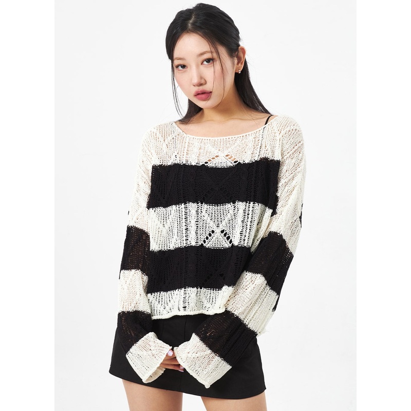 Boat Neck Stripe Sweater CA306 Light beige S/M