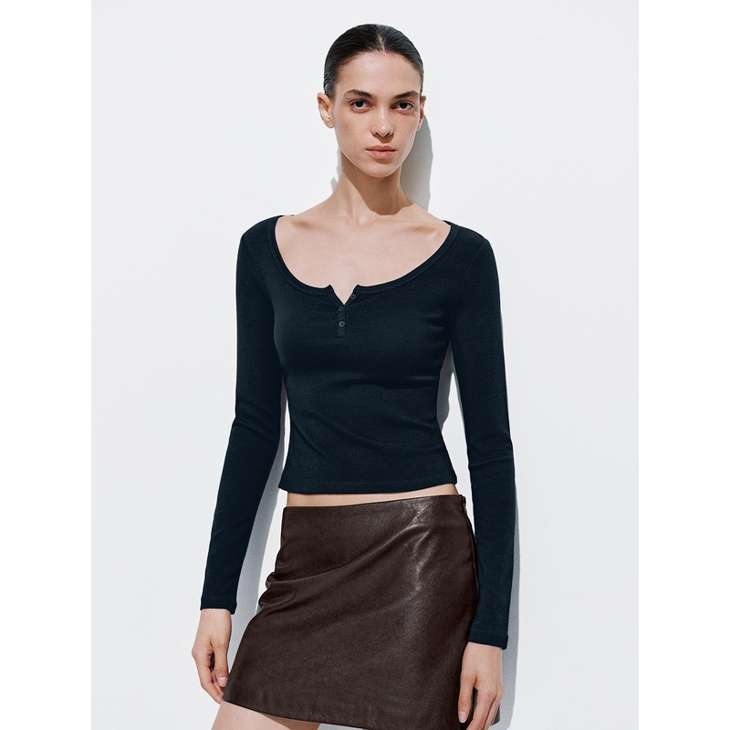 Button-Top Scoop Neck T-Shirt Blue XS