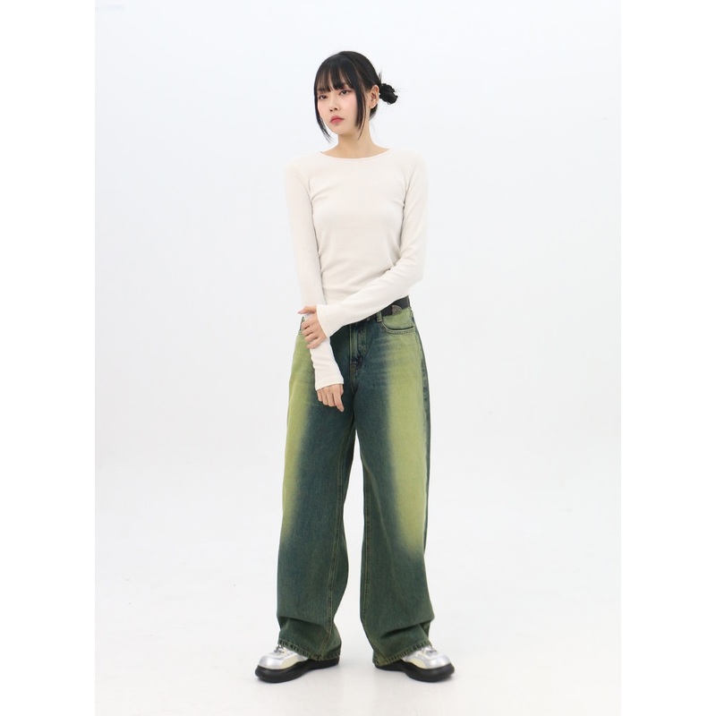 Green Wide Leg Washed Jeans IN310 Green S