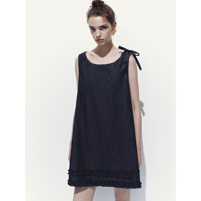 Sleeveless Draped Denim Midi Dresses Blue XS