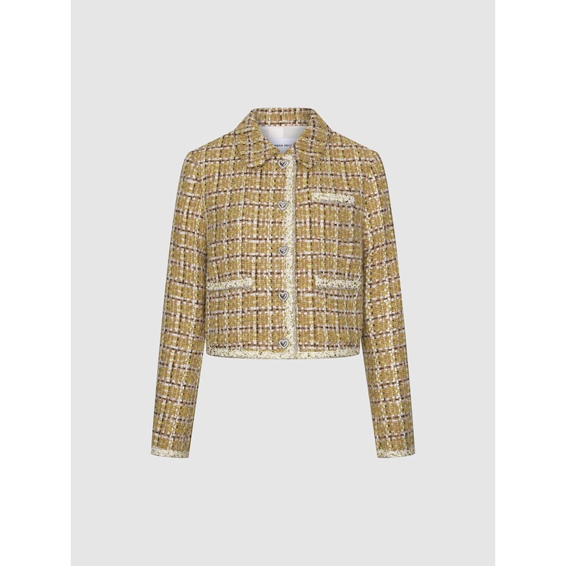 Thick Button Up Tweed Jacket Mustard Plaid XS